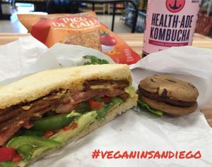 Build-your-own vegan sandwich: sourdough, provolone, Tofurky pepperoni at San Diego Vegan Market in San Diego