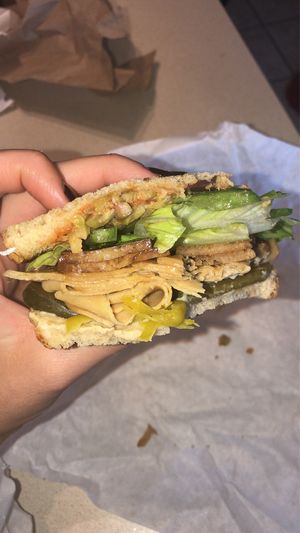 Tofurkey sandwich with seitan bacon  at San Diego Vegan Market in San Diego