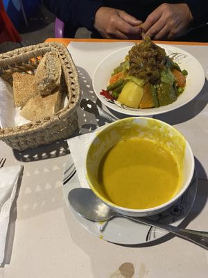 Vegan soup and veggie cous cous with caramelised onions    at Sofia in Chefchaouen