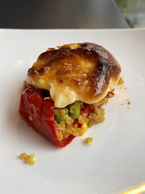 Pimiento relleno de quinoa con mousse de queso vegan at Restaurante Goikar in Bilbao