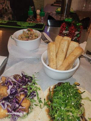 Garbanzo bean salad and yucca fries at Taqueria Tsunami in Marietta