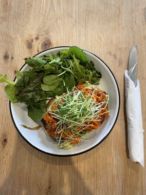 Spicy kimchi toast on baked sweet potato  at Turf in Vancouver