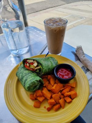 Roasted veg wrap and horchata at The Grain Cafe in Long Beach