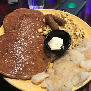 Pancakes, tofu scramble, sausage and potatoes at The Grain Cafe in Long Beach