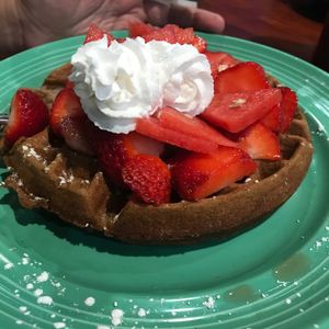 Waffles with fruit at The Grain Cafe in Long Beach
