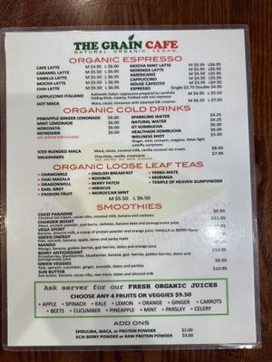 Drinks menu  at The Grain Cafe in Long Beach