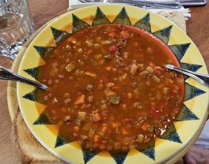 Lentil soup. Taste like Mexican minestrone. at The Grain Cafe in Long Beach