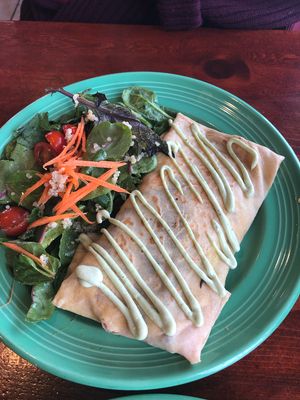 Two cheese crepe with side salad. That pesto sauce is 🔥 at The Grain Cafe in Long Beach