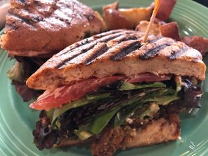 Burger with potatoes(GF) at The Grain Cafe in Long Beach