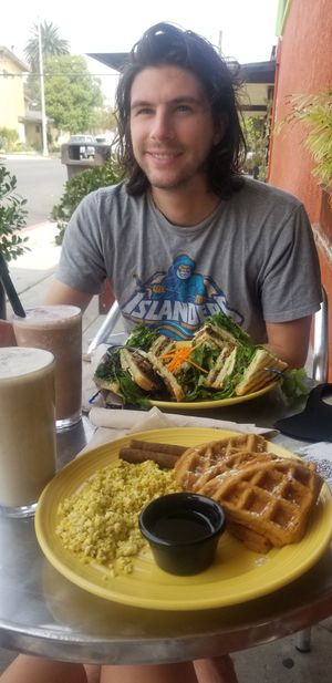 Deluxe waffles, club sandwich, sunbutter smoothie, & chocolate milkshake at The Grain Cafe in Long Beach
