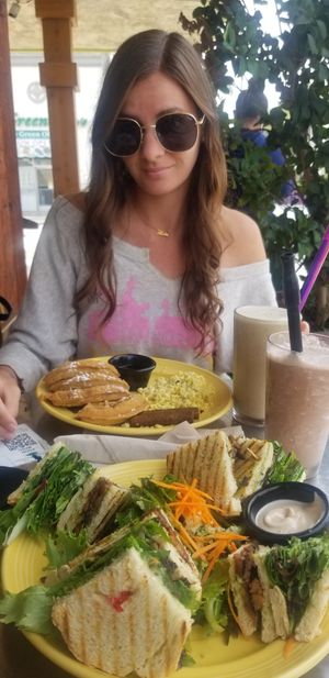 Deluxe waffles, club sandwich, sunbutter smoothie, & chocolate milkshake at The Grain Cafe in Long Beach