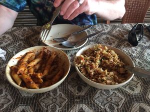 penne arrabiata (L) and veggie tofu fried rice  at Tip Top Restaurant in Rishikesh