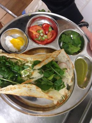 Jungle dosa with raw vegetables and freshly grated coconut chutney, mint and cilantro. at Dosa Nova in Sitges