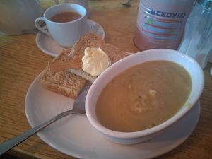 Soup and bread w sunflower spread #Veganuary at The Nook in West Kirby