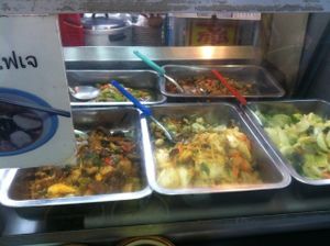 Curries and mock meat (top right-hand side) at Soi Naradhiwas Rajanagarindra - Vegetarian Food Stall in Bangkok