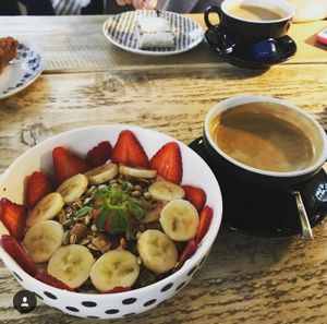 Granola with soy yoghurt and coffeeeee  at Koffiebar Sowieso in Breda