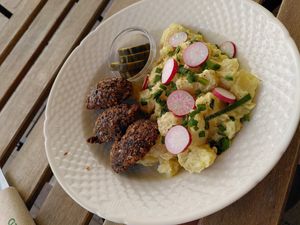 "Meat" balls and potato sadad at Cafe Kosmos in Odense