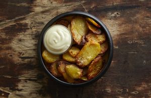 Roasted potatoes with mayo at Cafe Kosmos in Odense