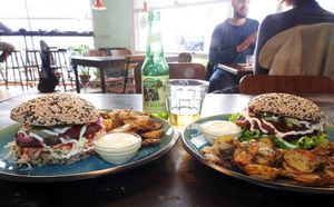 Kosmos burger (L) and Mex burger (R) at Cafe Kosmos in Odense