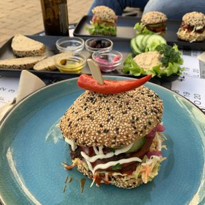 Vegan Burgers and hummus platter  at Cafe Kosmos in Odense