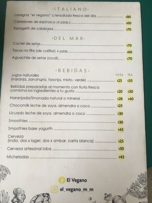 Menu at El Vegano in Guadalajara