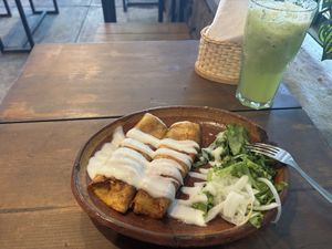 Enchiladas and a green juice  at El Vegano in Guadalajara