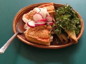 Torta ahogada con tacos dorados - Torta ahogada with fried tacos at El Vegano in Guadalajara