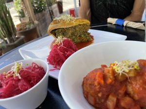 Chickpea meatballs, falafel quiche, Kim chee  at Green Table Cafe in Los Angeles