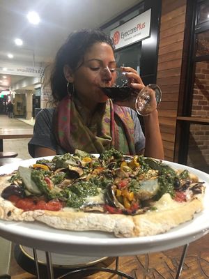 Verdura pizza and vegan wine! at Pinocchios Wine & Pizza Bar in Gosford