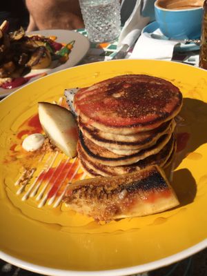 Pancakes, pears and caramelised banana at Coffee Whole in Berkeley Vale
