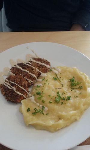 Potato mash wih seed patty at Black Kale in Ostrava