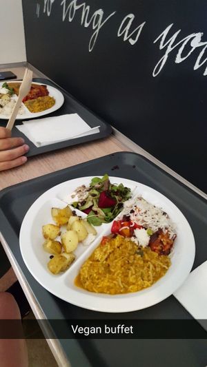 Dahl, potatoes, bean chilli, rice, salad. at Sandokan Vegan Bistro in Prague