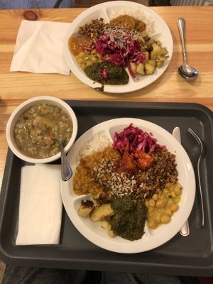 Mixed Plates from Buffet with Barley Soup  at Sandokan Vegan Bistro in Prague