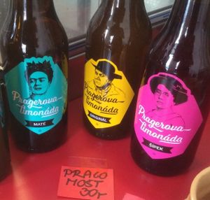 Cool locally made drinks with "awesome" labels! at Kuchařky bez Domova in Prague