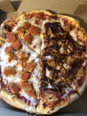 Half Vegan Buffalo Ch’ckn and half Vegan BBQ Ch’ckn. YUMMM!!! at Pizza Palace in Milford