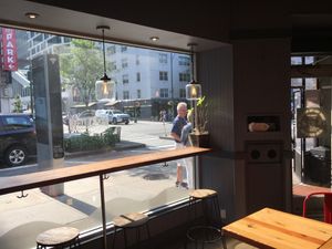 Inside, looking out. at Pick A Bagel in New York City