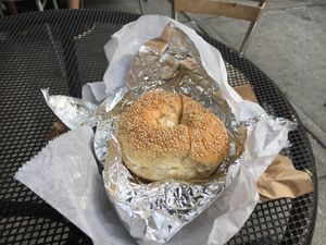 Sesame bagel with tofu cream cheese. at Pick A Bagel in New York City