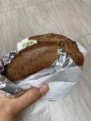 Pumpernickel bagel with tofu scallion cream cheese  at Pick A Bagel in New York City