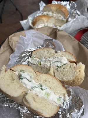 Tofu scallion and tofu vegetable in the background   at Pick A Bagel in New York City