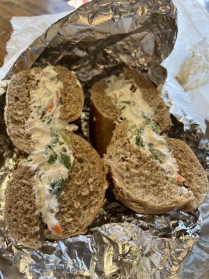 Whole grain bagel w/ scallion tofu cream cheese   at Pick A Bagel in New York City