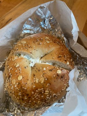 Everything bagel with tofu cream cheese  at Pick A Bagel in New York City