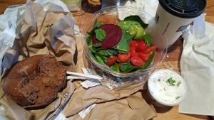 Vegetables, salad, bagel, dairy free vegan cream cheese at Pick A Bagel in New York City