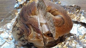 Cinnamon raisin bagel with to cream cheese at Pick A Bagel in New York City