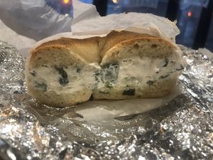 Plain bagel with tofu cream cheese and spring onions (scallions) at Pick A Bagel in New York City