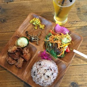Soy nugget lunch plate at Umi Cafe in Tokyo
