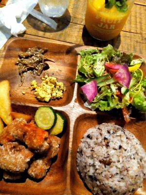 Tofu nuggets plate at Umi Cafe in Tokyo