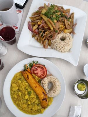 Lomo saltado & “ajiaco de olluco” (stewed root veg) with plantain and rice  at Vegetalia in Lima