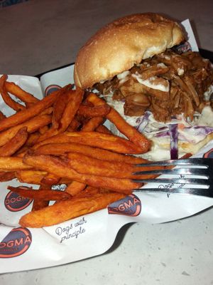Pulled jackfruit and fried sweet potatoes at Dogma Cronulla in Cronulla