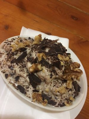 banana coconut milk vegan ice cream with walnuts and dark chocolate chucks at Woodfire Cafe in Riverside