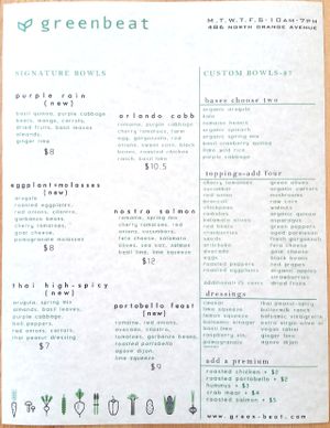 Paper menu at Greenbeat in Orlando